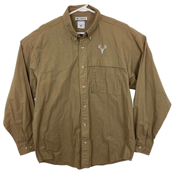 Columbia Padded Shoulder Shooting Shirt Embroidery Deer Skull Logo Mens Sz M Tan - Picture 1 of 8
